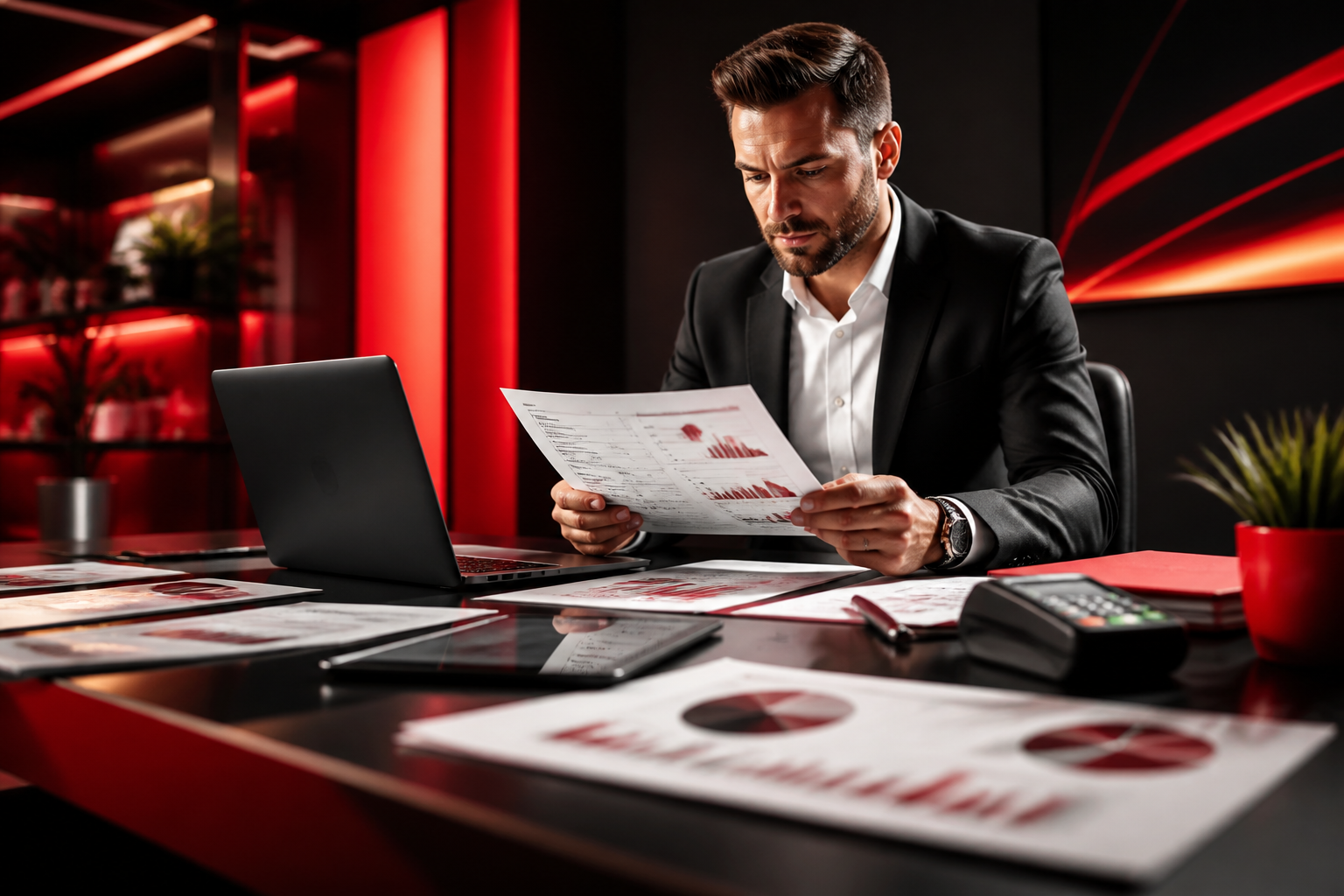 Business owner reviewing funding documents and growth charts